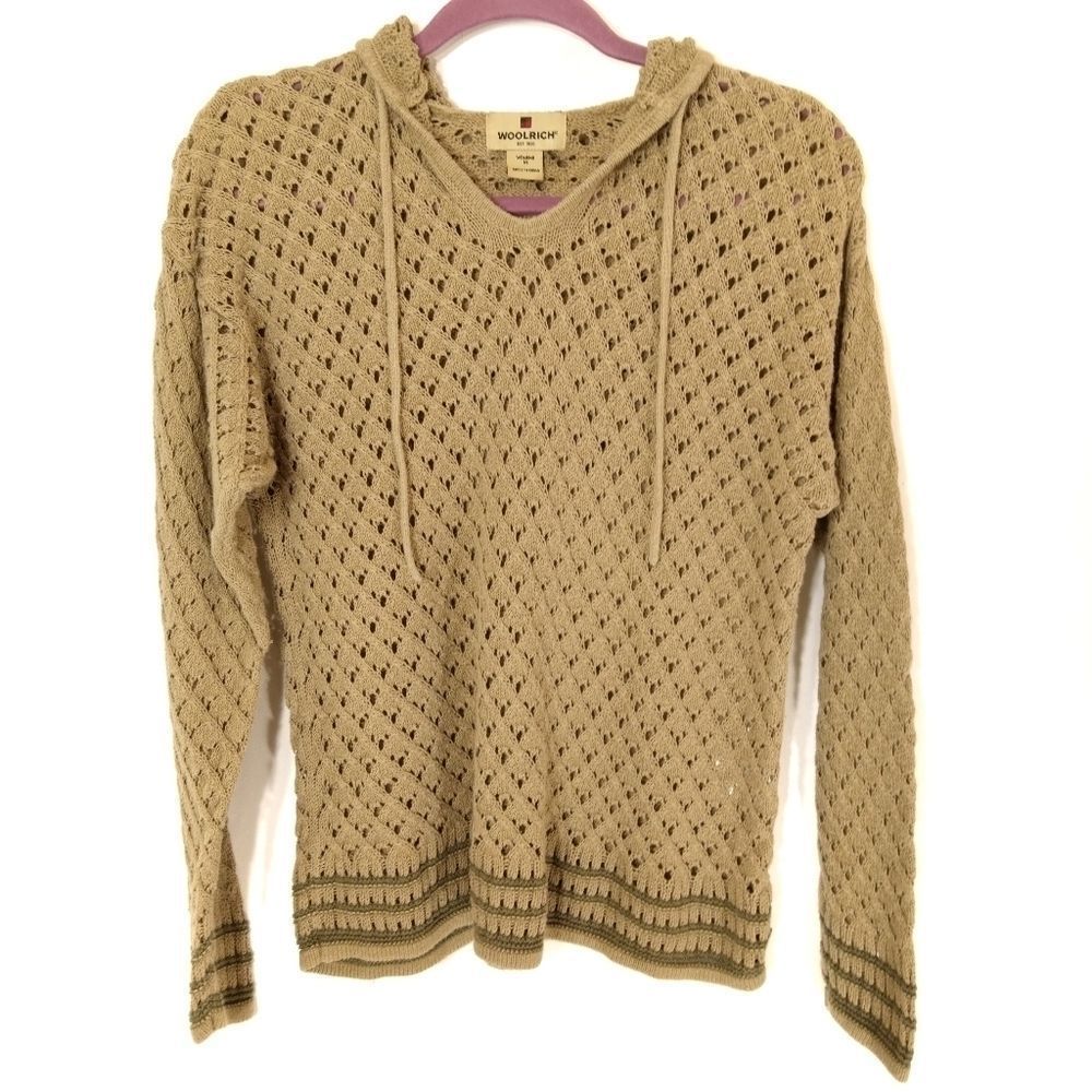 Woolrich Woman's Tan Crochet Hoodie Chic Cozy M
